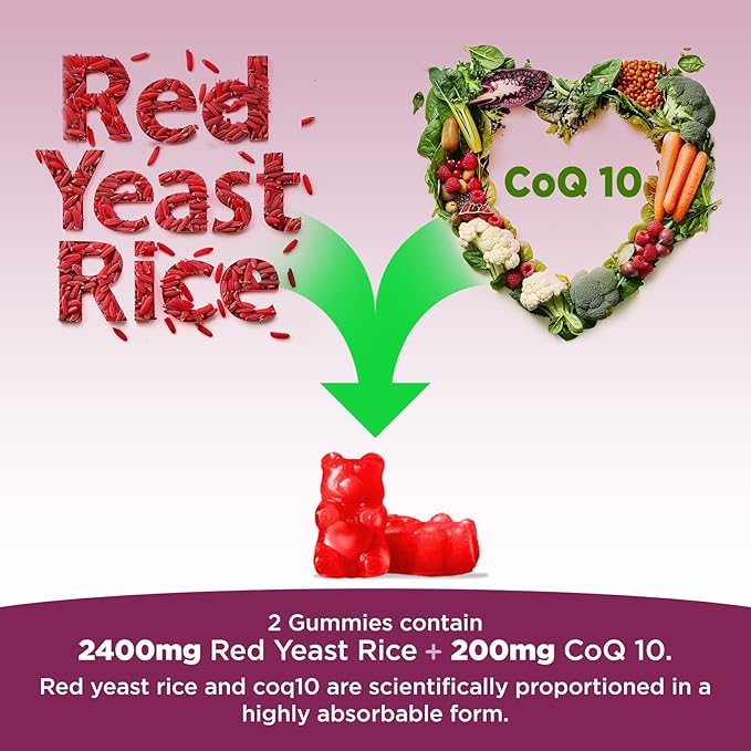 Red Yeast Rice with Coq10 Gummies Sugar Free,Organic Red Yeast Rice 2400mg Enhanced with Coenzyme Q10 200mg, Vegan, Non-GMO, 120 Chewables