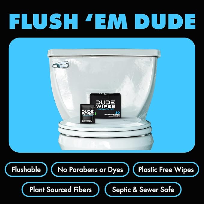 DUDE Wipes On-The-Go Unscented Travel Wipes - 2 Pack, 60 Count (Individually Wrapped) - Extra-Large Adult Flushable Wipes for Sensitive Skin - Infused with Vitamin E & Aloe - Septic and Sewer Safe