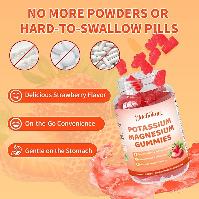 Potassium Magnesium Gummies – High Absorption Magnesium Glycinate – Magnesium Potassium Supplement Gummies with Vitamin B6, D3, B12 for Muscle Support, Sugar-Free Strawberry Flavor, 60 Count