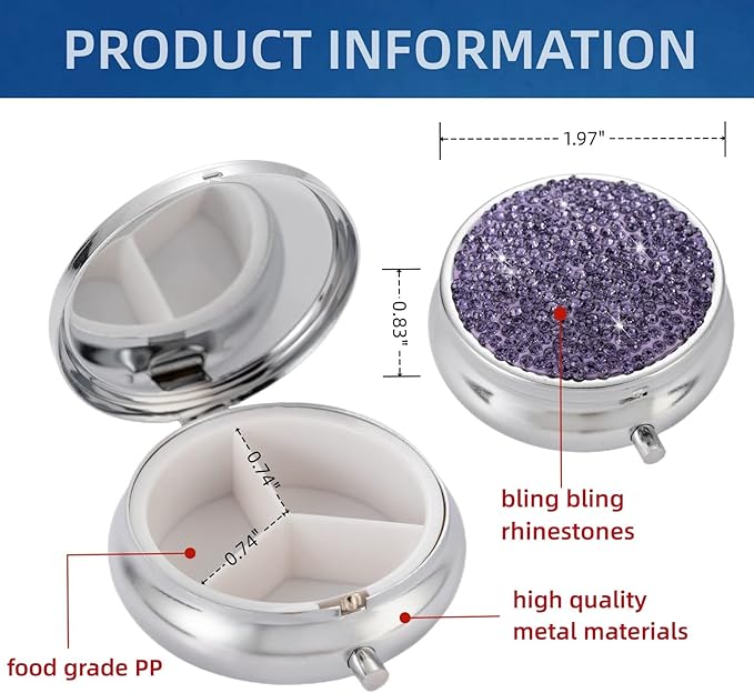 Vitamin Organizer Pill Travel Case Bling Small Pill Container Pill Box Organizer Pill Pack Pouches Small Pill Holder Storage(Purple)