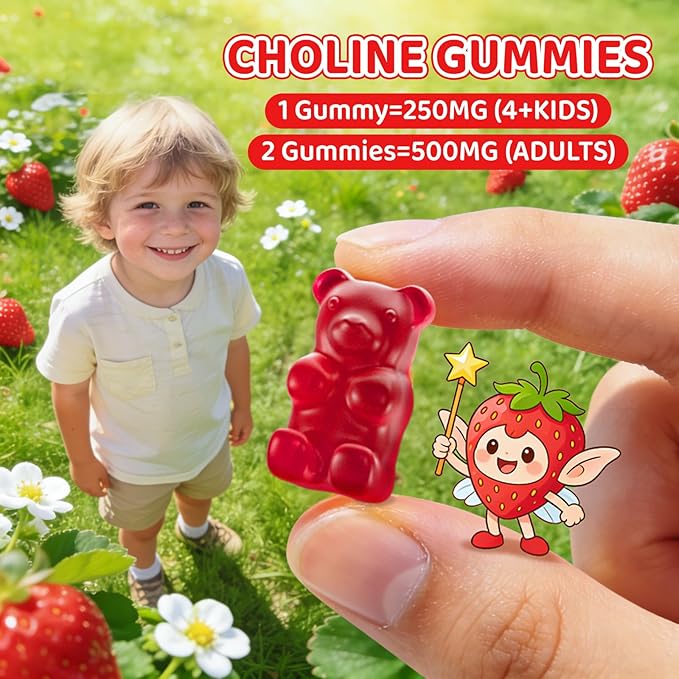 Choline Gummies for Kids & Adults, Choline Supplements 500mg with DHA, Phosphatidylserine for Brain Health, Focus, Immune Support, Sugar-Free, Vegan, Strawberry Flavor, 60 Gummies