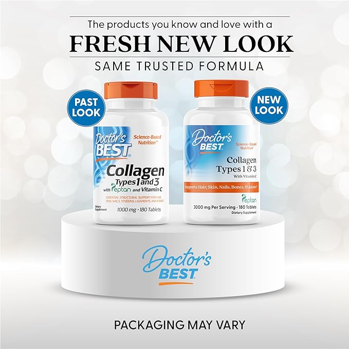 Doctor's Best Collagen Peptides Types 1 & 3 - Collagen Supplement for Women & Men, Supports Hair, Skin, Nails, & Joint Health, Includes 30 mg Vitamin C & 3 g Protein Per Serving, Non GMO - 180 Tablets