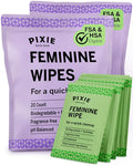 Pixie Feminine Wipes - Flushable, Biodegradable, & Ph Balanced - Individually Wrapped Packet Wipes for On The Go & Public Bathrooms - Wash & Cleaner For Your Menstrual Cups & Discs (2 Packs of 20)
