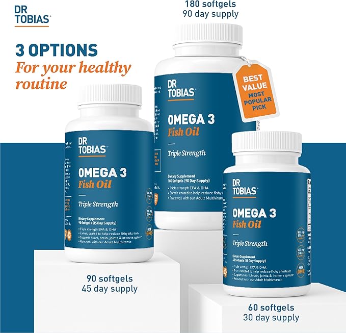 Dr. Tobias Omega 3 Fish Oil 2000mg Triple Strength with 800mg EPA 600mg DHA Per Serving | Fish Oil Omega 3 Supplements for Heart Brain & Immune Support - 90 Softgels (45 Servings)
