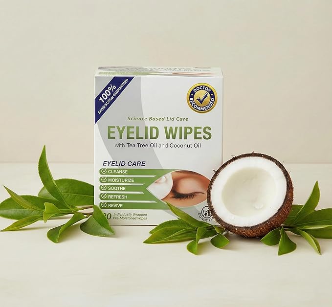 Lunovus Premium Eyelid Wipes With Tea Tree and Coconut Oil - Cleansing Wipes for People Itchy Eyes - Individually Wrapped - Box Of 30 Natural Eye Wipes