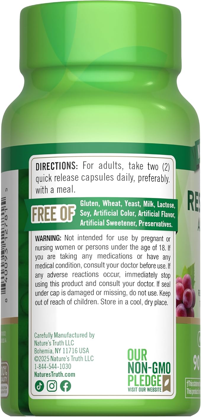 Nature's Truth Resveratrol Complex | 90 Capsules | Non-GMO and Gluten Free Supplement