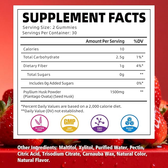 Psyllium Husk Gummies, Psyllium Husk Fiber Supplement, Vegan, Sugar Free, 60 Count