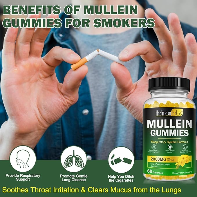 120 Count Mullein Gummies for Lungs, 2000mg Mullein Leaf Extract for Lung Cleanse and Respiratory Support, Natural Mullein Herbal Supplement, Pear Flavor Gummies