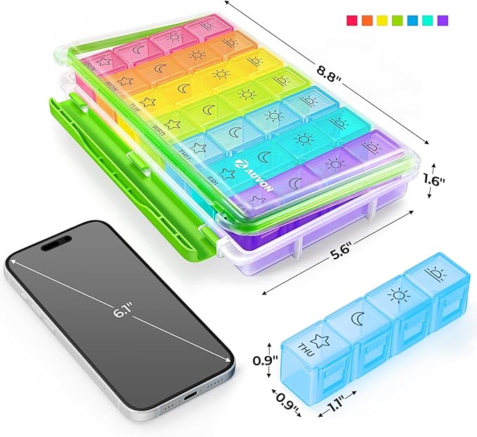 AUVON iMedassist Moisture-Proof Weekly Pill Organizer 4 Times a Day, Large 7 Day Pill Box Case with Portable Design for Travel, Removable Individual Containers Hold Vitamins, Supplements, Medications