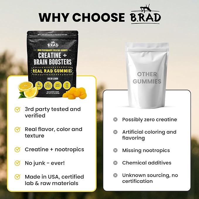 B.rad Real Rad Creatine Gummies | 5g Creatine Monohydrate Per Serving | with Alpha GPC, L-Theanine, L-Tyrosine, L-Citrulline & Panax Ginseng | Natural Lemon Flavor | 100 XL Gummies