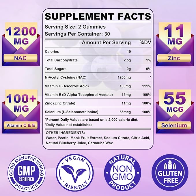 Sugar Free NAC Gummies for Kids & Adults, NAC Supplement N Acetyl Cysteine with Selenium Zinc Vitamin C & E, NAC 600mg Per Gummy, Support Liver Health, Antioxidant, Immune System, 60 Count