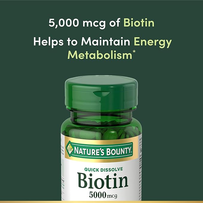 Nature's Bounty Biotin, Supports Metabolism for Cellular Energy and Healthy Hair, Skin, and Nails, 5000 mcg, 60 Quick Dissolve Tablets, (Pack of 2)