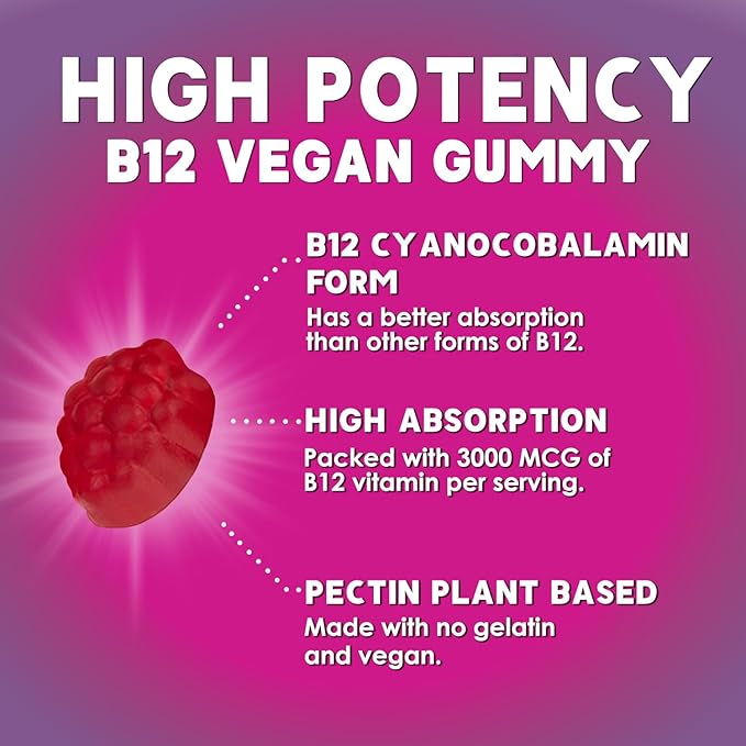 Vitamin B12 Energy Gummies - 3000 mcg per Serving Extra Strength B 12 Gummy for Metabolism & Immune System Support - Chewable Dietary B12 Supplements, Caffeine Free Gummy Vitamin - 120 Gummies