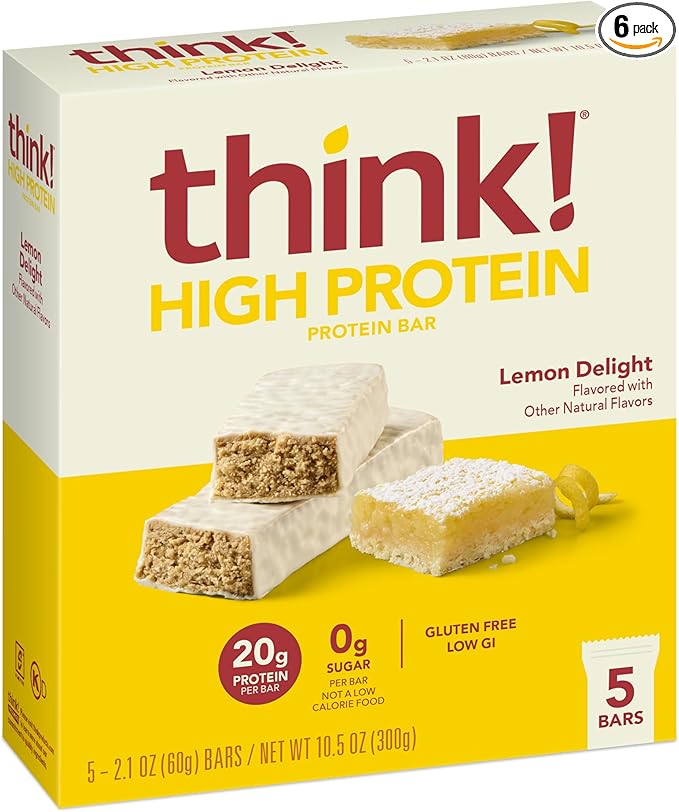 think! Protein Bars, High Protein Snacks, Gluten Free, Sugar Free Energy Bar with Whey Protein Isolate, Lemon Delight, Nutrition Bars without Artificial Sweeteners, 2.1 Oz (30 Count)