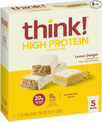 think! Protein Bars, High Protein Snacks, Gluten Free, Sugar Free Energy Bar with Whey Protein Isolate, Lemon Delight, Nutrition Bars without Artificial Sweeteners, 2.1 Oz (30 Count)