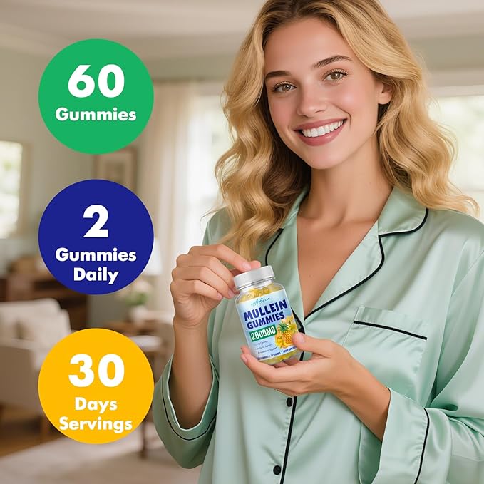 softbear 2PCS Mullein Gummies for Lungs, 2000mg Mullein Leaf Extract Supplement for Respiratory & Digestive & Immune Support, Organic, Vegan, Sugr-Free, Pieneapple Flavor 120 Count