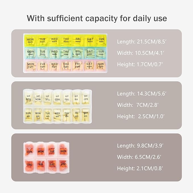 Weekly Travel Pill Organizer 3 Times A Day Pill Case for Purse with Removable 7 Day Pill Box Holder,Cute Medication Organizer Pill Container for Medicine, Vitamin, Supplement(Dark Grey, Large)