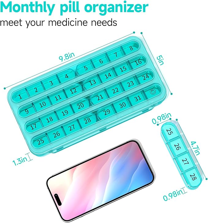 Zoksi Monthly Pill Organizer 1 Times a Day, 30 Day Pill Box Organizer,One Month Pill Case for Travel, 31 Day Daily Medcine Container for Vitamins, Supplement & Medication(Cyan)