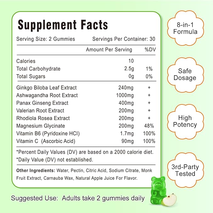 240MG Ginkgo Biloba Gummies with Ginseng and Magnesium, Ginko Biloba Supplements Gummies for Brain Focus, Mood and Memory for Adults, 60 Cts
