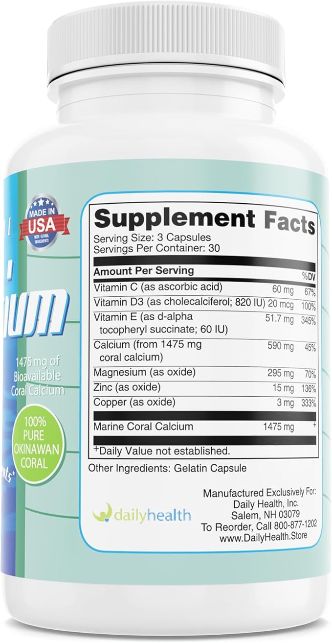 Daily Health, Coral Calcium Pure Okinawa - Marine-Grade Supplement with 72 Trace Minerals - 1475mg, 90 Vegetable Capsules (1 Month Supply)