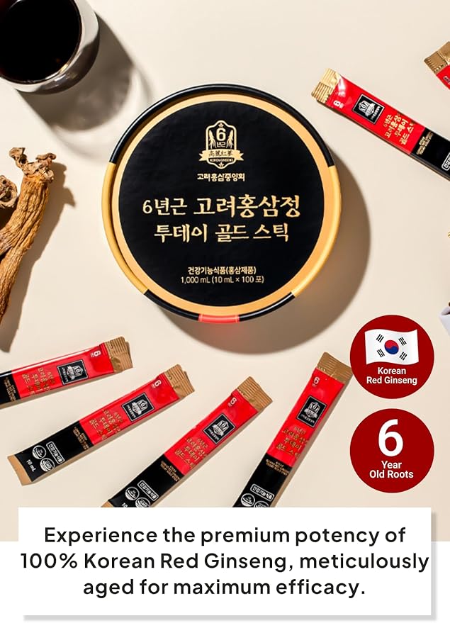 Korean Food 6-Year Korean Red Ginseng Extract Gold Stick, Traditional Ginseng Liquid Supplement, 33.8 fl oz Total (0.34 fl oz / 10 mL x 100 Sticks), Individually Wrapped, Gift Ready