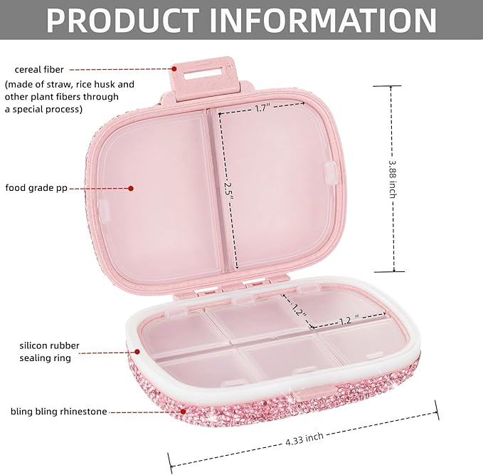 Cute Pill Organizer Small Bling Pill Case for Purse Medicine Vitamin Container Holder Daily Pill Box Container for Women Travel Medicine Kit(Letter M Pink)