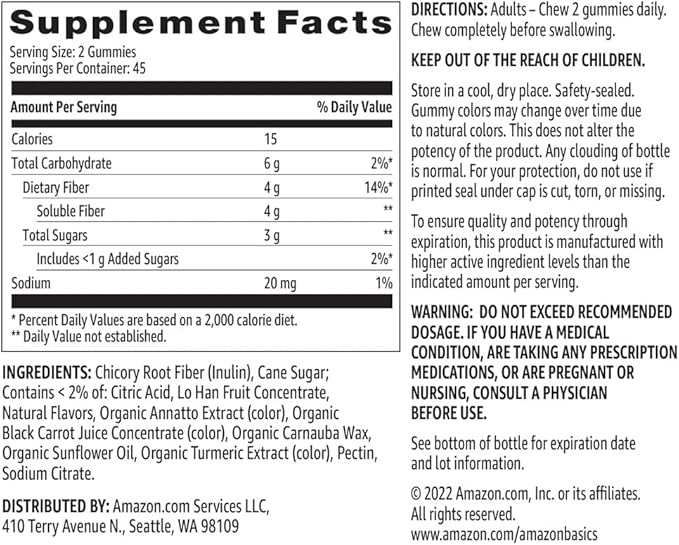 Amazon Basics Soft Fiber Gummies for Digestive Health and Regularity, Orange, Lemon & Strawberry Flavors, 90 Count, Pack of 1 (Previously Solimo)