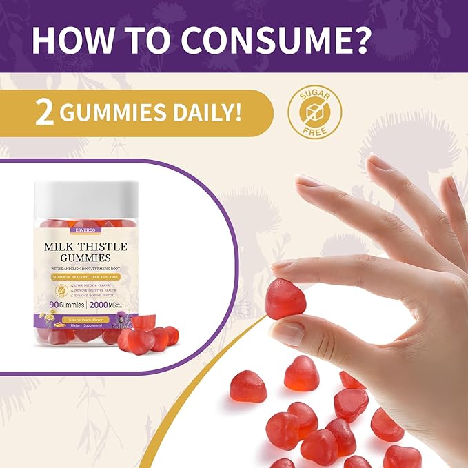Milk Thistle Gummies with 2000MG Extract, Liver Health Support Gummies, Silymarin Milk Thistle Supplement with Artichoke, Dandelion, Turmeric Curcumin, No Sugar, for Adults, Vegan, 90 Count
