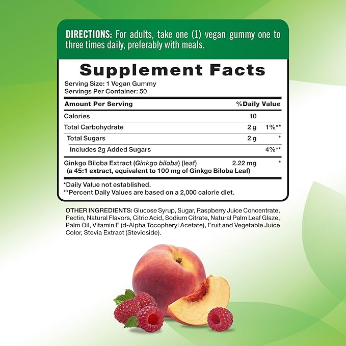 Nature's Truth Ginkgo Biloba Gummies | 50 Count | Peach Raspberry Flavor | Vegan, Non-GMO & Gluten Free Extract Supplement