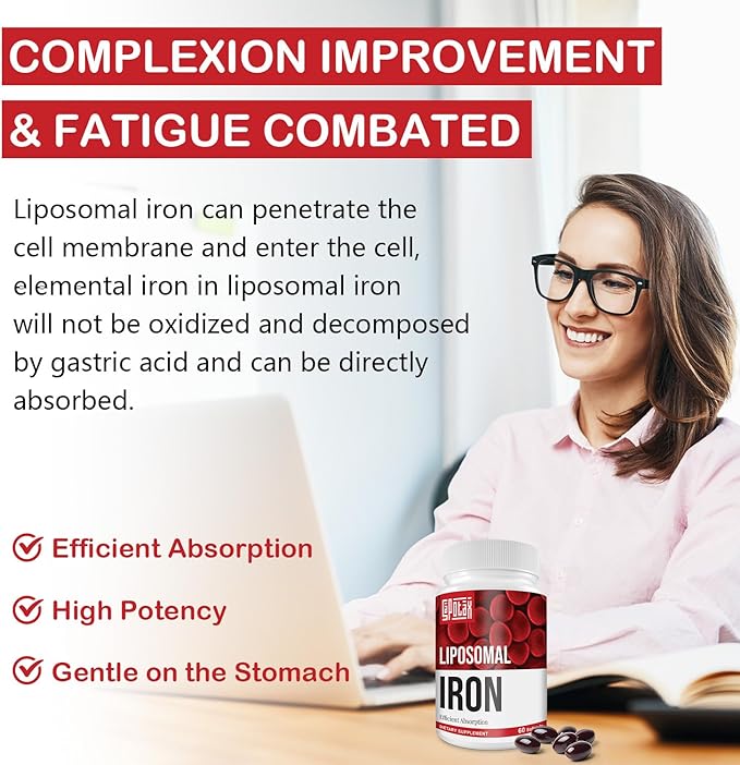 Liposomal Fe Iron Supplement for Women, 65 mg Iron Supplement with Folic Acid & Vitamin B12 for Men, Daily Blood & Energy Support for Adults Iron Deficiency 60 Softgels (1 Bottle)
