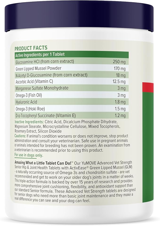 YuMOVE Hip & Joint Supplement for Senior Dogs with Advanced Strength Glucosamine, Omega 3, Hyaluronic Acid, Green Lipped Mussel, & Fish Oil for Dogs - 120 Chewable Tablets