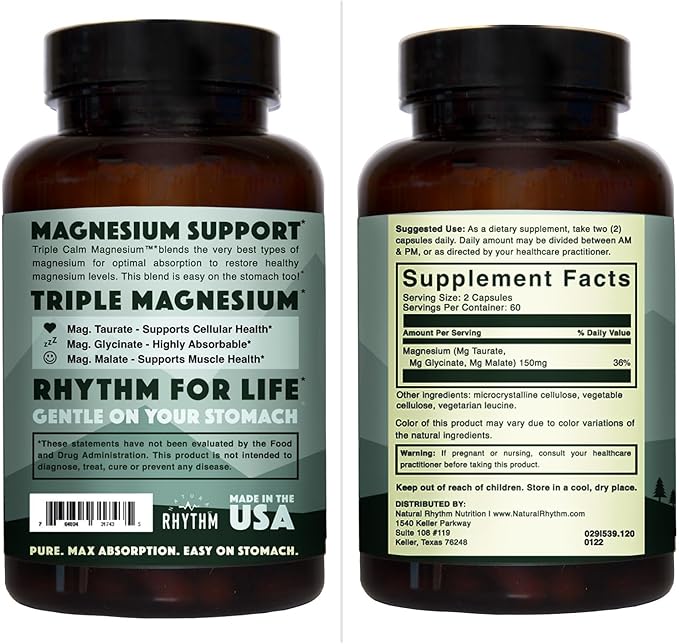 Natural Rhythm Triple Calm Magnesium Complex - 120 Capsules, Chelated Magnesium Glycinate, Taurate & Malate, High Absorption Supplement for Sleep, Stress, Muscle & Heart Support, Non-GMO, Vegan