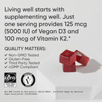 Sports Research® Vegan Vitamin D3 + K2 Sugar-Free Gummies - 125mcg (5000iu) Vitamin D w/ 100mcg Mk7 Vitamin K - Supports Bone & Immune Health* - Vegan Certified · Non-GMO · Soy Free - 60 Count