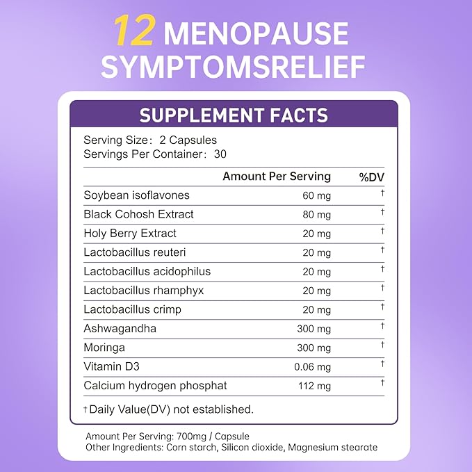 Menopause Supplement for Women, Relieves 12 Menopausal Symptoms* | Black Cohosh + Soy Isoflavones + Ashwagandha + Moringa | for Alleviate Hot Flashes*, Night Sweats*, Weight* & Mood Swings*