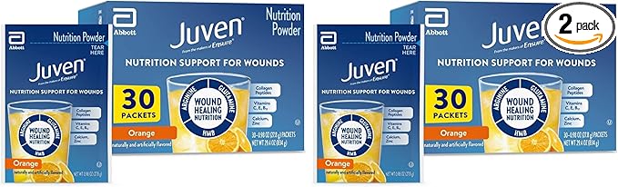 Juven Therapeutic Nutrition Drink Powder Including Collagen Peptides, Amino Acids, and HMB for Wound Healing Support, Orange, 30 Packets,(Pack of 2)