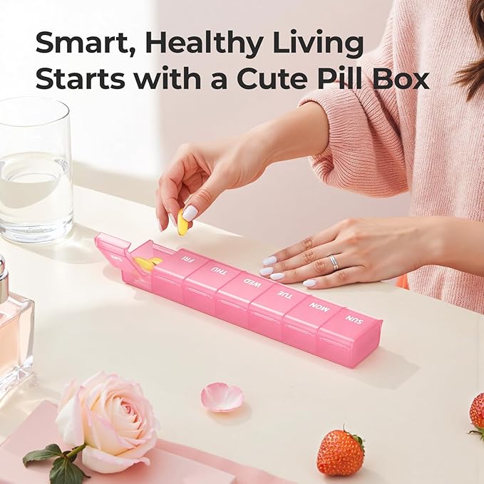 AUVON Weekly Pill Organizer with Effortless Opening Design, Arthritis Friendly Pill Box, BPA-Free Pill Organizer 7 Day, Cute & Portable Pill Case for Vitamins, Supplements and Medications