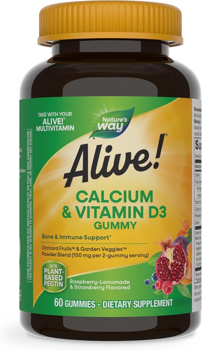 Nature’s Way Alive! Chewable Calcium Gummies with Vitamin D3, Daily Supplement Supports Healthy Bones and Teeth, and Muscle Function*, Strawberry and Raspberry-Lemonade Flavored, 60 Gummies