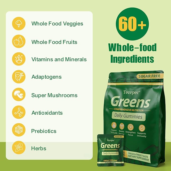 Sugar Free Greens Daily Gummies, Superfood Fruits Veggies Blend with Spirulina, Chlorella, Prebiotics & Fiber, Adaptogens Multivitamin Supplement for Women Men Digestive Health, Non-GMO, 120 Count