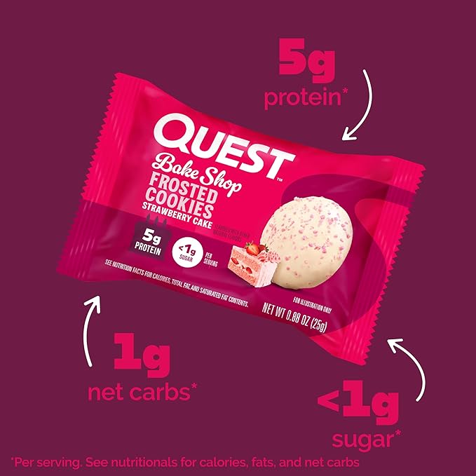 Quest Nutrition Frosted Protein Cookies, Strawberry Cake, <1g Sugar, 5g Protein, 1g Net Carbs, Gluten Free, 8 Cookies
