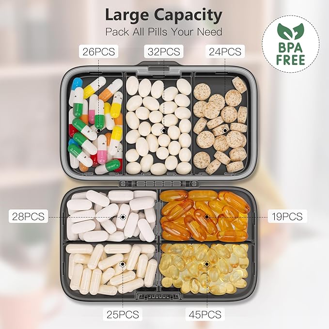 FYY Weekly Pill Organizer with Labels,8 Compartments Travel Daily Pill Case Airtight Moistureproof Large Pill Box to Hold Vitamins, Fish Oil, Supplements,Cotton Swab and Bandages-Black