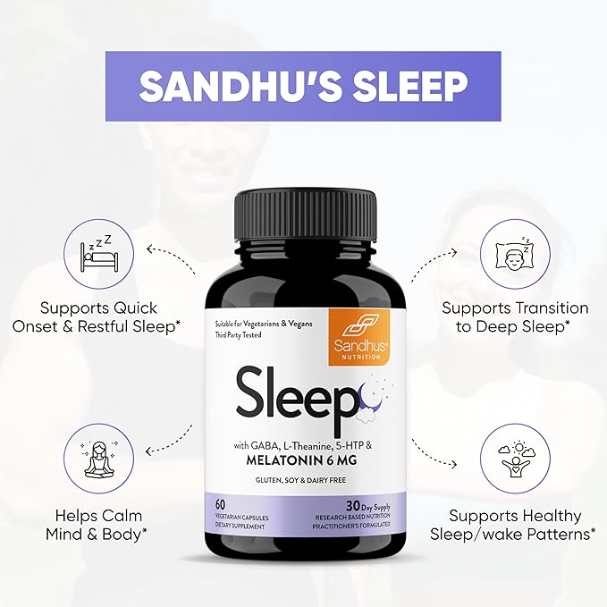 Sandhu's Sleep 60 Capsules –Non-Habit Forming 5-in-1 Sleep Aid Supplement with Melatonin, Magnesium, GABA, L-Theanine & 5-HTP