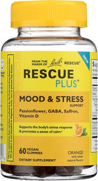 Bach Rescue Plus Mood & Stress Support Gummies, Daytime Dietary Supplement with Passionflower, GABA, Saffron & Vitamin D, Natural Orange Flavor, Vegan & Gluten-Free, 60 Count