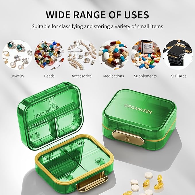 Travel Pill Organizer, Waterproof Weekly Pill Box 7 Day, Portable Container for Purse Pocket, Removable Compartments Daily Supplements Case, Airtight Storage for Outdoor (Green)