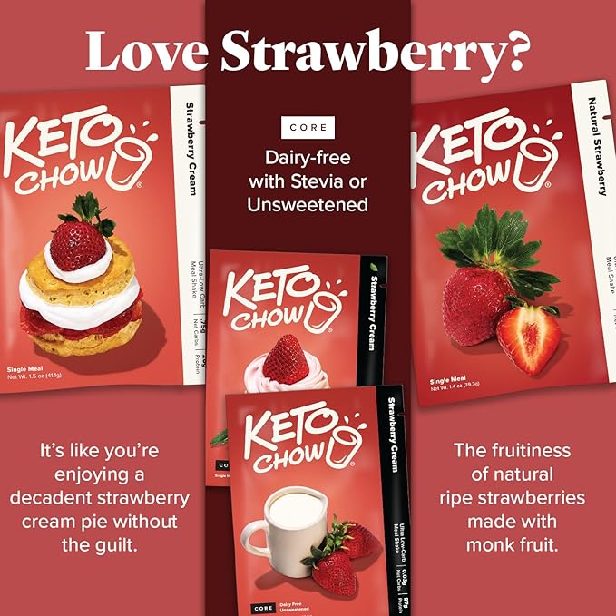 Keto Chow Natural Strawberry | Keto Meal Replacement Shake Powder | Nutritionally Complete | Low Carb | Delicious Easy Meal Substitute | Protein Rich You Choose The Fat | Single Meal Sample