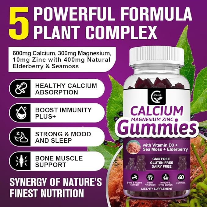 Calcium Magnesium Zinc Gummies with High Absorption Magnesium Glycinate 300mg, Potassium - Plant Complex Calcium Magnesium 2:1 Ratio, with D3 Sea Moss for Bone, Immune & Sleep Support, Vegan-2 Pack