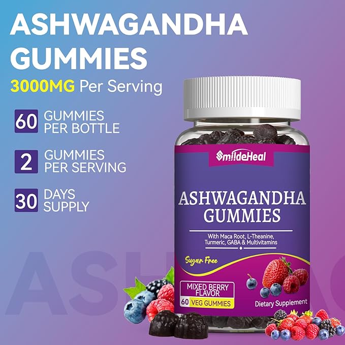 Ashwagandha Gummies 3000mg - Stress Relief, Immune Support & Increased Energy - Ashwagandha Supplements for Women & Men - Natural Mixed Berry Flavor (60 Count)
