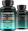 Elderberry Immune Support Supplement 8-in-1 Formula with Echinacea, Vitamin C & Zinc, Vitamin D 5000 IU, Turmeric, Ginger, Ashwagandha – 120 Capsules