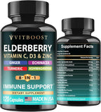 Elderberry Immune Support Supplement 8-in-1 Formula with Echinacea, Vitamin C & Zinc, Vitamin D 5000 IU, Turmeric, Ginger, Ashwagandha – 120 Capsules
