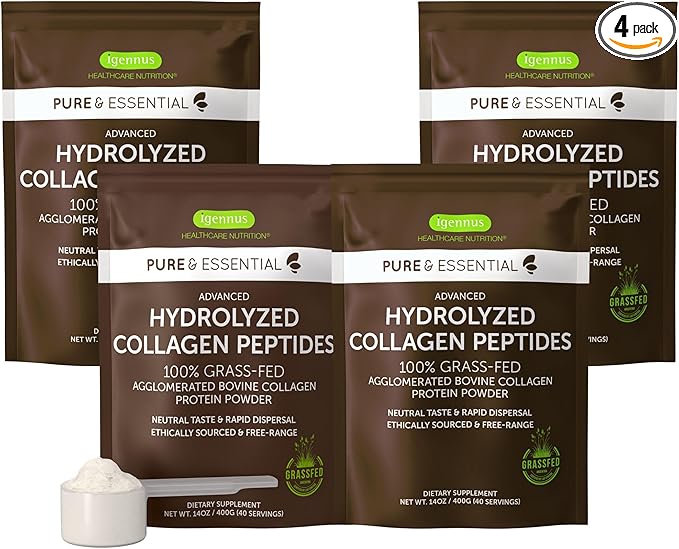 Igennus Free Range Grass Fed Hydrolyzed Bovine Collagen Peptides, Neutral Taste, 100% Highest Grade Bovine Collagen Protein Powder, Types 1, 2 & 3, Clean Label, Non-GMO, Free Range,4 x 40 Servings