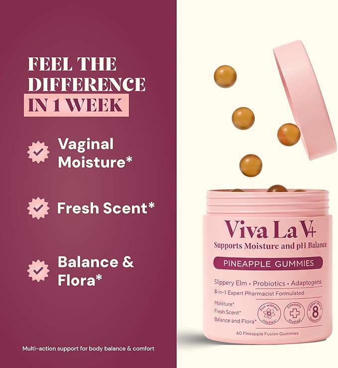 8-in-1 Slippery Elm Vaginal Probiotic Gummies for Women - Intimate Moisture, Balanced pH, Healthy Odor, Yeast Balance & Flora Support + Vitamin C - Tasty Pineapple (60 Count)